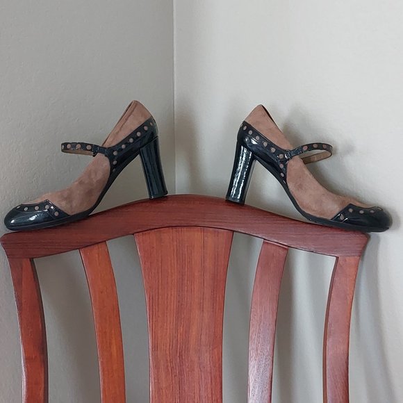 Unisa Tan Suede & Navy Patent Mary Jane Pumps - Picture 2 of 3